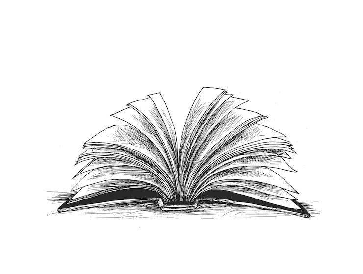 Gratis Vektor covered opened book with pages fluttering hand drawn sketch vector illustration
