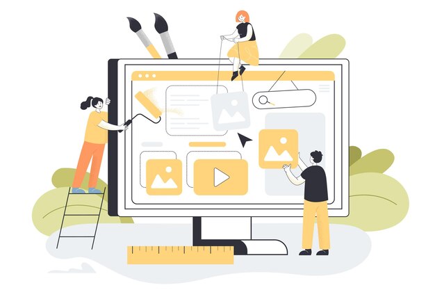 creative mini designers changing website interface. tiny persons covering computer screen with paint and digital content flat vector illustration. teamwork, marketing development concept for banner