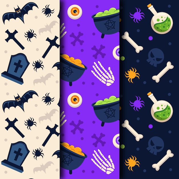 Creepy objects halloween flat design seamless patterns