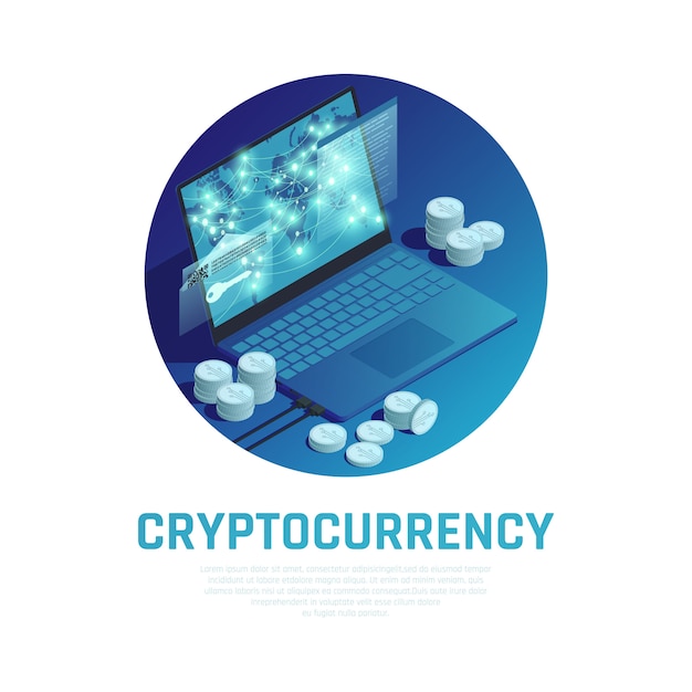 Cryptocurrency blue round composition with bitcoin stacks and blockchain technology on laptop screen 