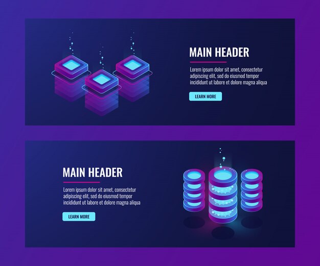data center and database banners, server room icons, cloud storage information dark neon