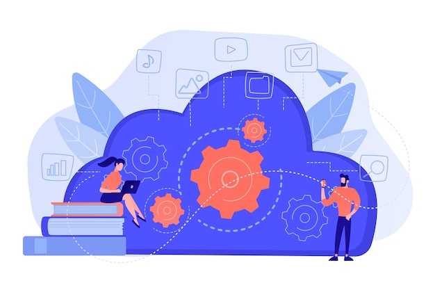 Developers using laptop and smartphone working with cloud data. Multimedia and big data architecture, database, cloud computing, cloud platform concept. Vector isolated illustration.