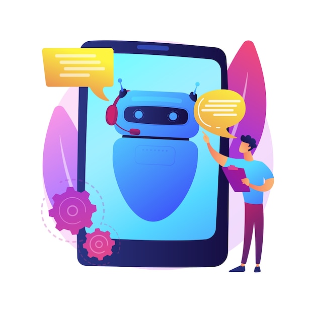 Dialog with chatbot. Artificial intelligence reply to question. Tech support, instant messaging, hotline operator. AI assistant. Client bot consultant.  isolated concept metaphor illustration.