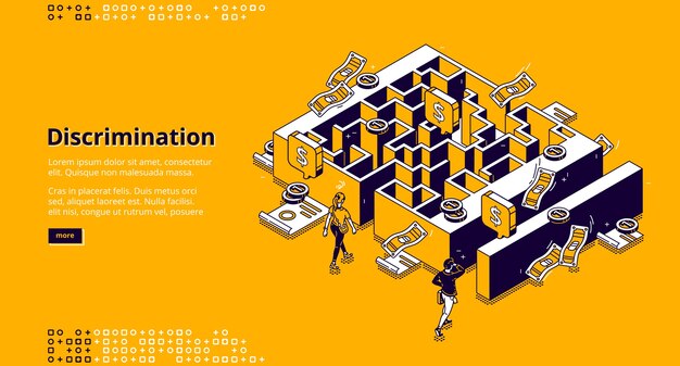 discrimination banner. concept of gender inequality in business, difference in wage and opportunities for professional career. isometric illustration of maze, money, woman and man