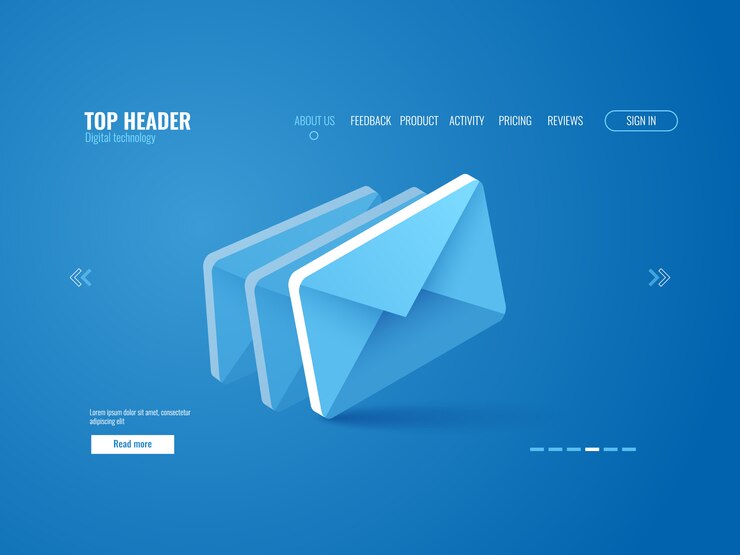 Email icon isometric, website page template on blue background