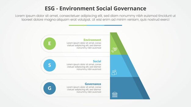 ESG frameworks infographic concept for slide presentation with half slice pyramid with circle point with 3 point list with flat style