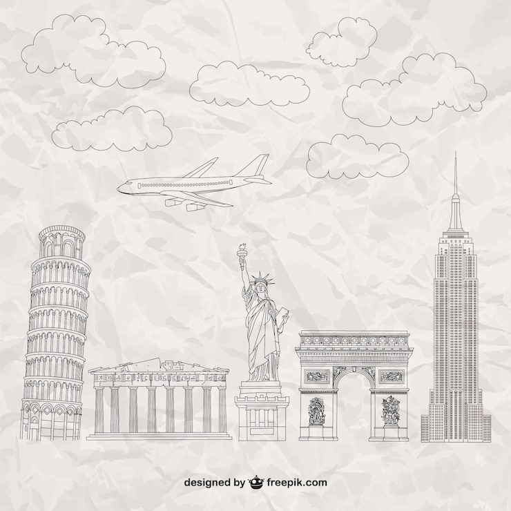 Gratis Vektor famous monuments on paper texture