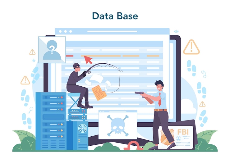 Gratis Vektor fbi agent online service or platform police officer or inspector investigating crime protection from cyberattack and terrorist online data base isolated flat vector illustration