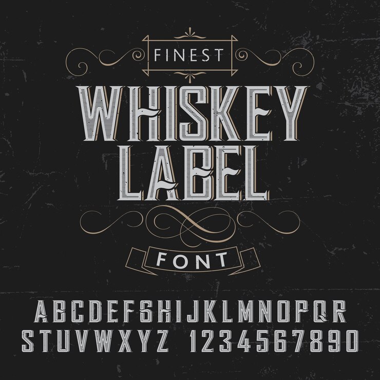 Gratis Vektor fineste whiskey label poster med dekorasjon på svart illustrasjon