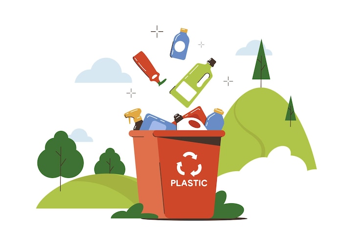 Gratis Vektor flat trash can with waste plastic bottles