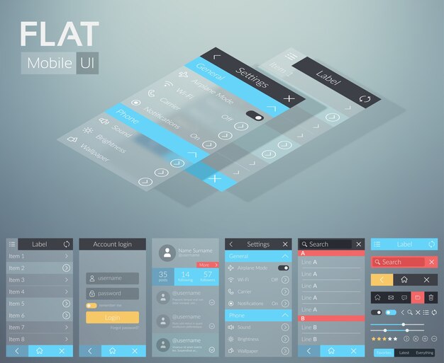 Flat UI mobile menu design concept with different screens buttons and web elements