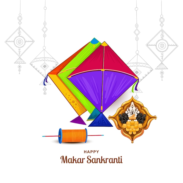Gratis Vektor flying kites and cloud makar sankranti festival card background