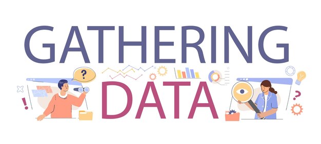 gathering data flat text with big letters and small human characters collecting and analyzing business information vector illustration