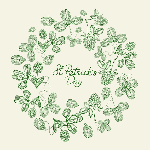 Green and white circle frame sketch composition card with many traditional elements around text about st. patricks Day