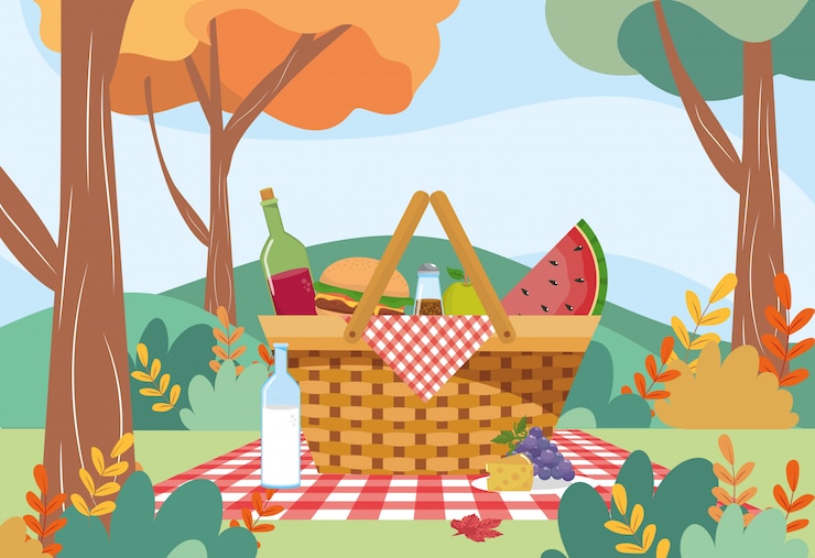 Gratis Vektor hamper with hamburger and wine bottle with watermelon