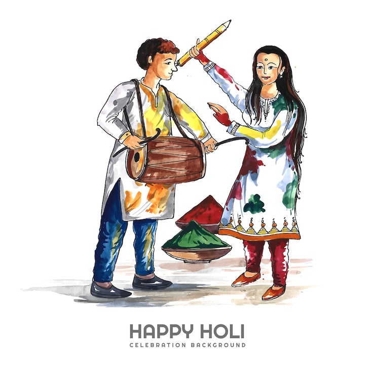 Gratis Vektor hand draw fun characters celebrate colorful holi card background