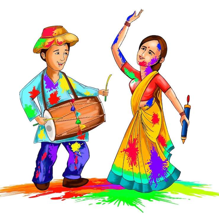 Gratis Vektor hand draw fun couple dance celebrate colorful holi card background