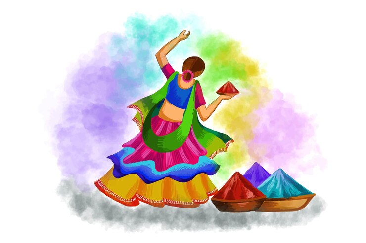 Gratis Vektor hand draw fun women character celebrate colorful holi card background