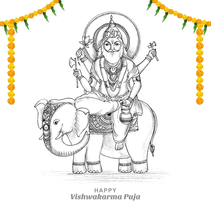 Gratis Vektor hand draw hindu god vishwakarma sketch and vishwakarma puja celebration card design