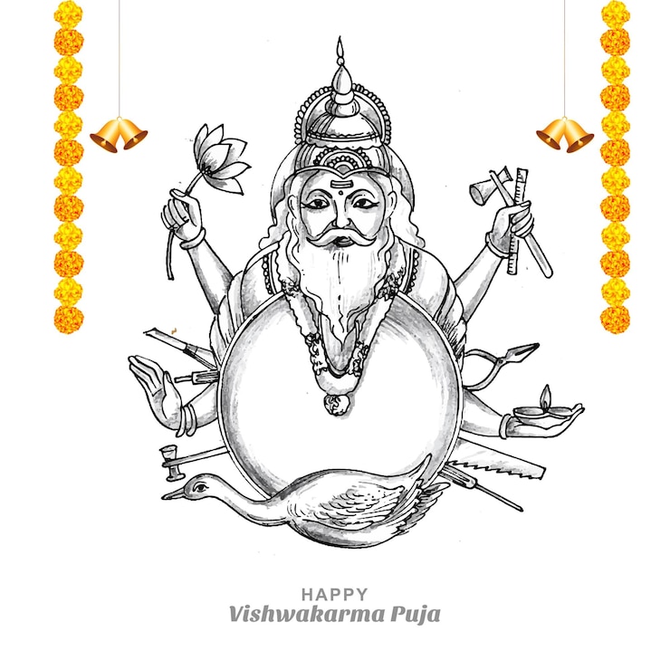 Gratis Vektor hand draw hindu god vishwakarma sketch and vishwakarma puja celebration design