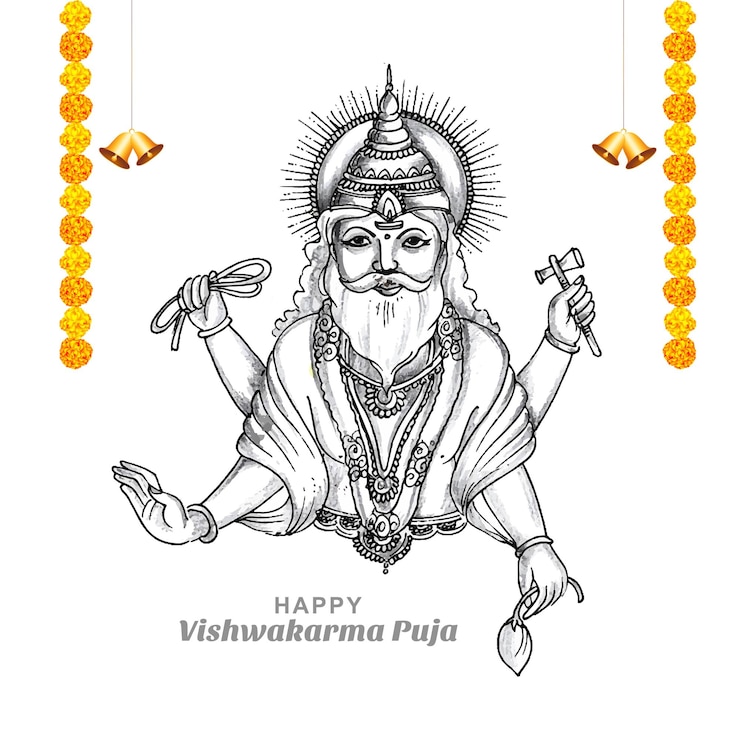Gratis Vektor hand draw hindu god vishwakarma sketch and vishwakarma puja holiday background