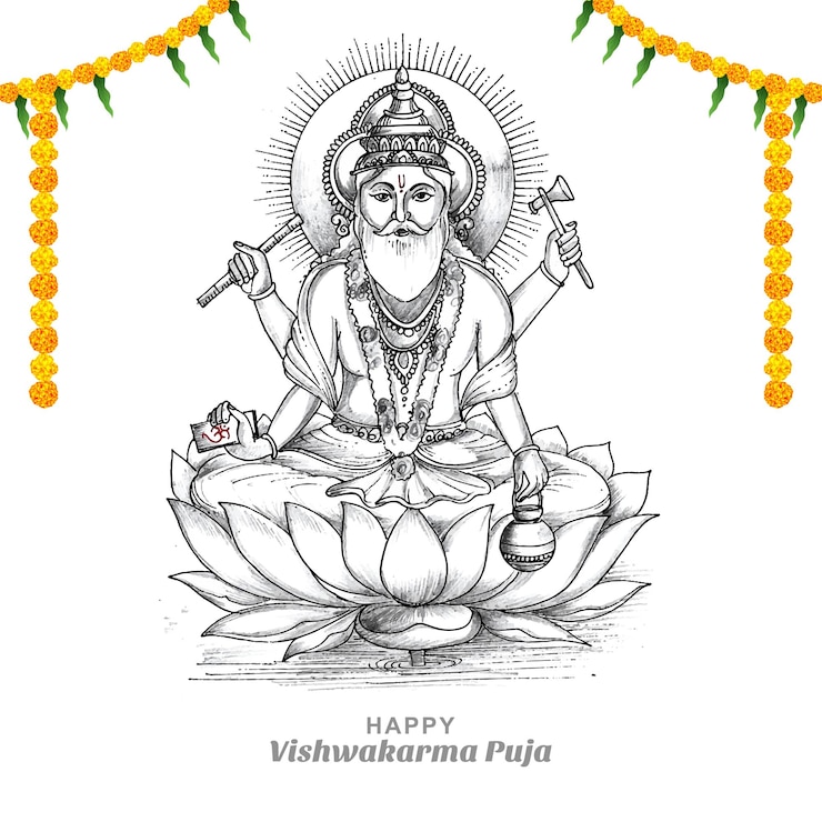 Gratis Vektor hand draw hindu god vishwakarma sketch and vishwakarma puja holiday background