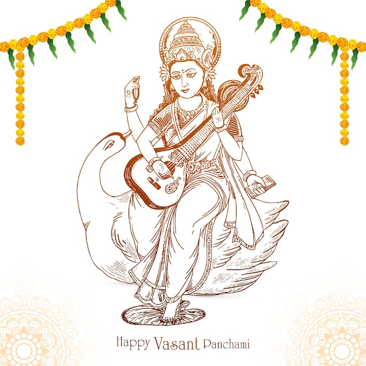 Gratis Vektor hand draw indian god saraswati maa on vasant panchami card design