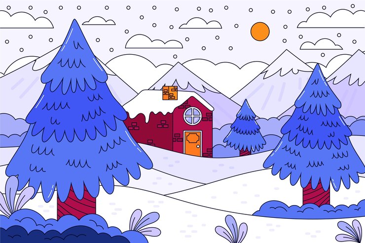 Gratis Vektor hand drawn background for winter season with house and trees