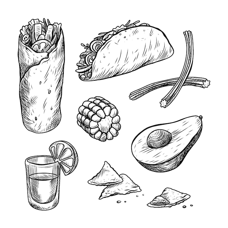Gratis Vektor hand drawn mexican food drawing illustration