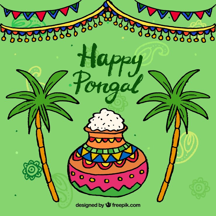 Gratis Vektor hand-drawn pongal background with colorful pot