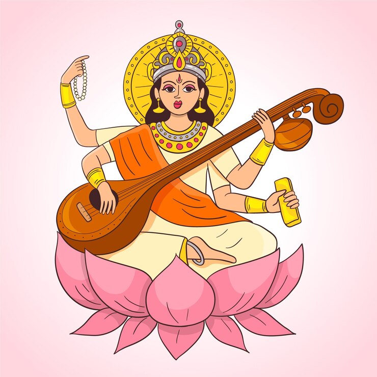 Gratis Vektor hand drawn saraswati playing on a musical instrument