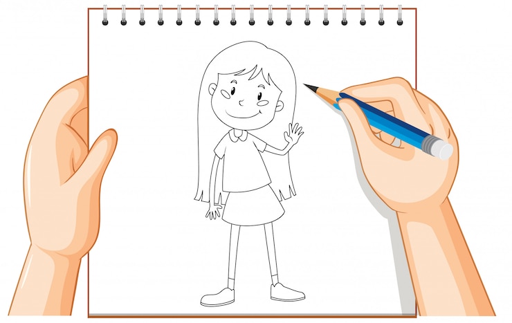 Gratis Vektor hand writing of cute long hair girl outline