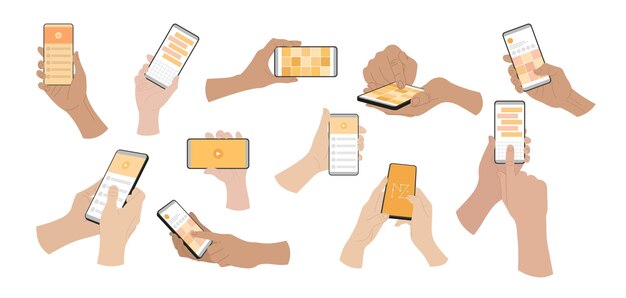 Hands of people using mobile apps in smartphones set. Vector illustrations of person showing actions with phones. Cartoon finger swiping, pointing, sending sms isolated on white. Internet concept