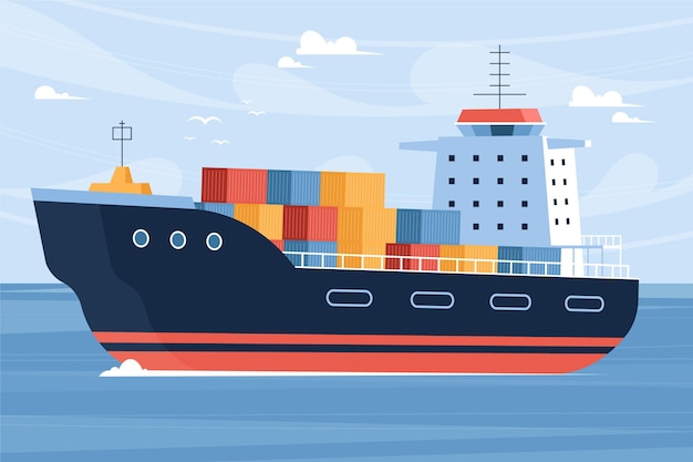 Håndtegnet illustrasjon containerskip på havet