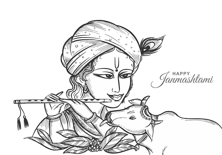 Gratis Vektor happy janmashtami greetings with lord krishna sketch card design