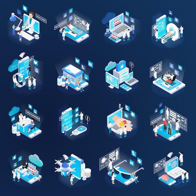 health telemedicine glow isometric icons collection with mobile electronic devices remote tests virtual doctor isolated