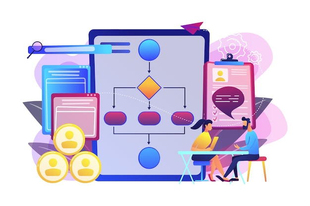 HR manager with employee at interview and business flow chart. Employee assessment software, HR company system, employee check programme concept.  