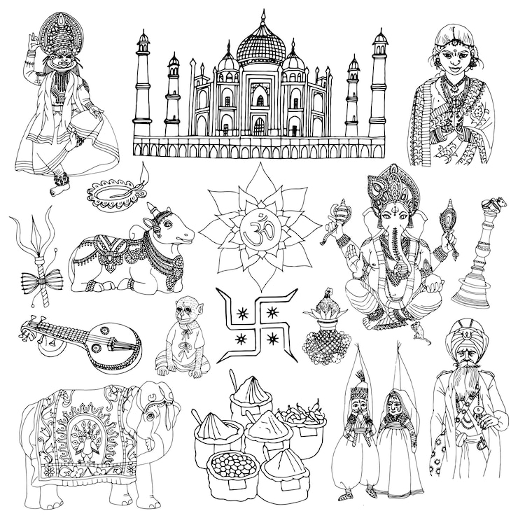 Gratis Vektor india sketch set