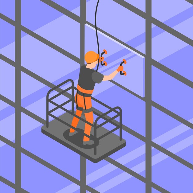 industrial climber in helmet and safety belt  on platform  at high altitude work isometric composition vector illustration
