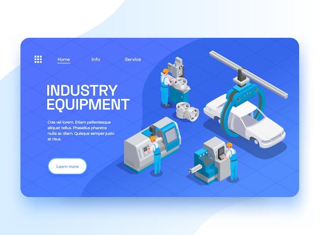 Industrial equipment set isometric background website landing page with clickable links editable text buttons and machinery  illustration