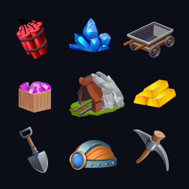 isolated mining game design icon set with treasure hunt crystals and mines vector illustration