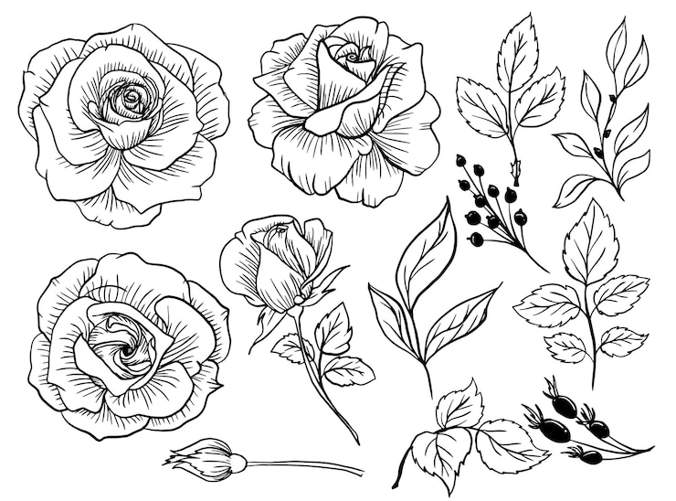 Gratis Vektor isolated rose flower line art doodle with leaves element