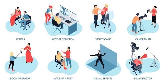 isometric cinema production compositions set with editable text captions and scenes of collaborating shooting crew members vector illustration