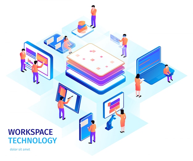 isometric people interfaces composition with small human characters and images of electronic devices with text vector illustration