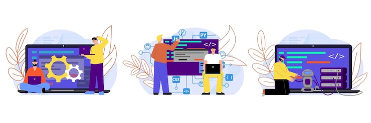 Gratis Vektor it-spesialist, sett med isolerte komposisjoner med flate dataskjermer, tilkoblingsikoner og doodle menneskelige karakterer