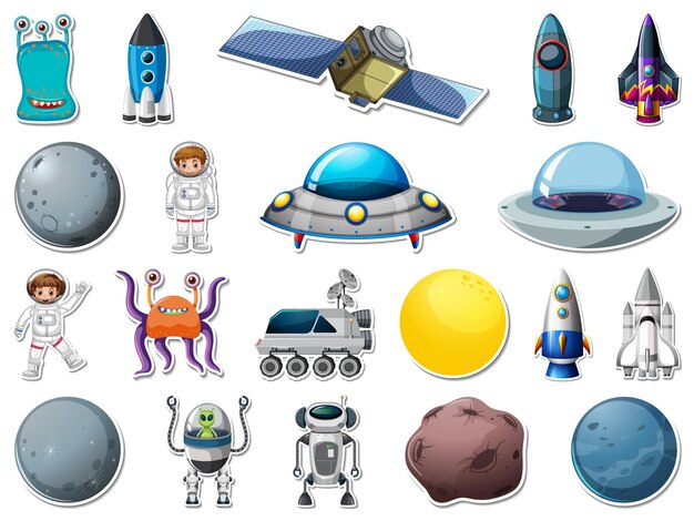 Klistremerkesett med objekter fra verdensrommet og astronauter