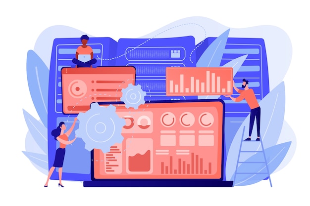 laptop with data visualization software and developers working. big data visualization, big data analytics, visualization software concept