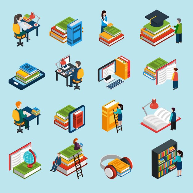 Library Isometric Icons Set