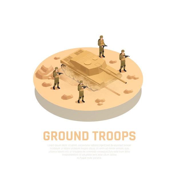 Military personnel machinery round isometric composition with armed ground troops servicemen and tank fighting vehicle