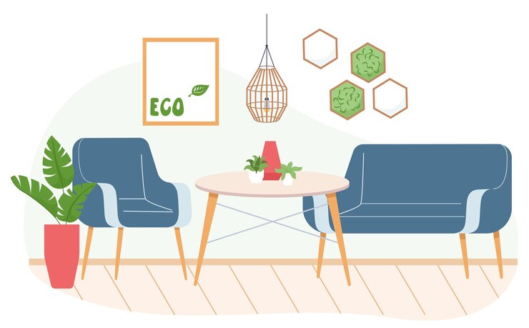 Gratis Vektor moderne øko-kafé, flate bakgrunn med innendørs komposisjon av interiørelementer, planter og bord med stoler, vektorillustrasjon